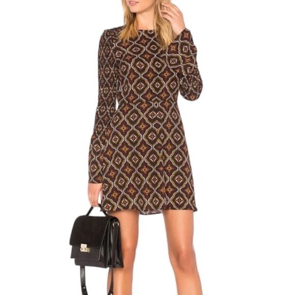 A.L.C. Alexa Smocked Printed 6 Silk Mini Dress Long Bell Sleeve - Picture 2 of 9